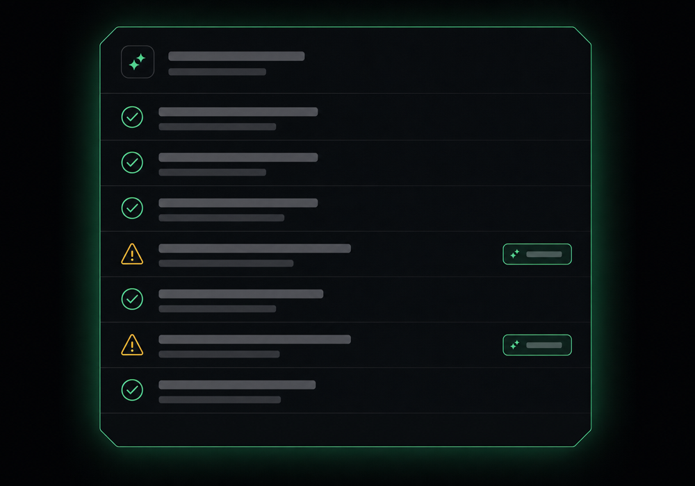 An AI-readiness checklist flagging a vague business description and missing FAQ answers to add
