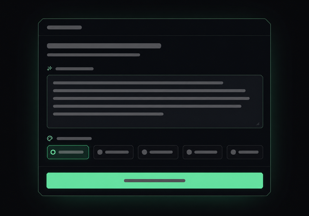 Brand Studio input box with a plain-language idea description and a vibe selector for the naming style