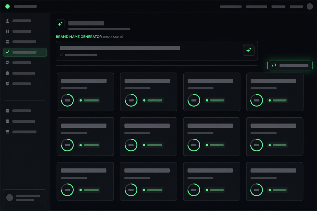 Brand Studio showing a grid of generated brandable business names, each tagged with whether its domain is available