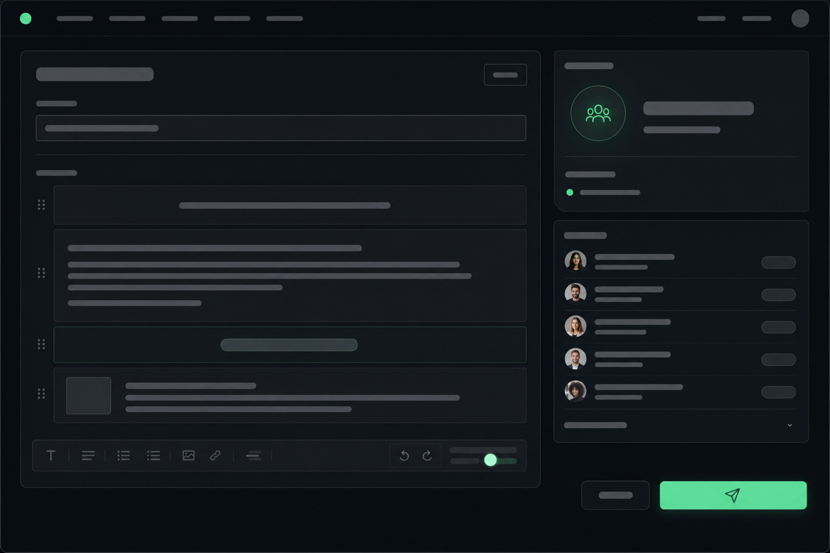 Naymo Broadcasts composer writing an email to a subscriber list, sending from a custom domain