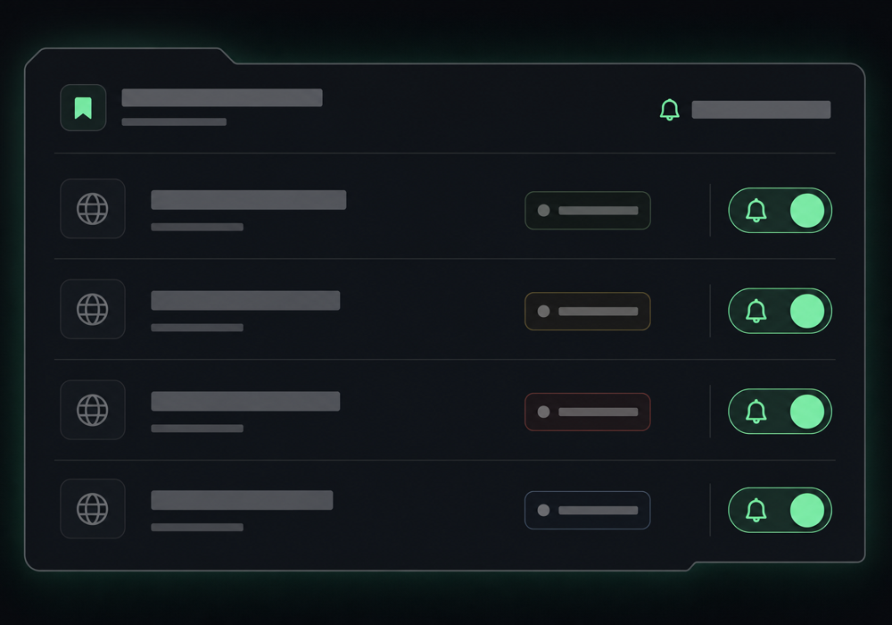 A watchlist of expiring domains with status labels and alert toggles