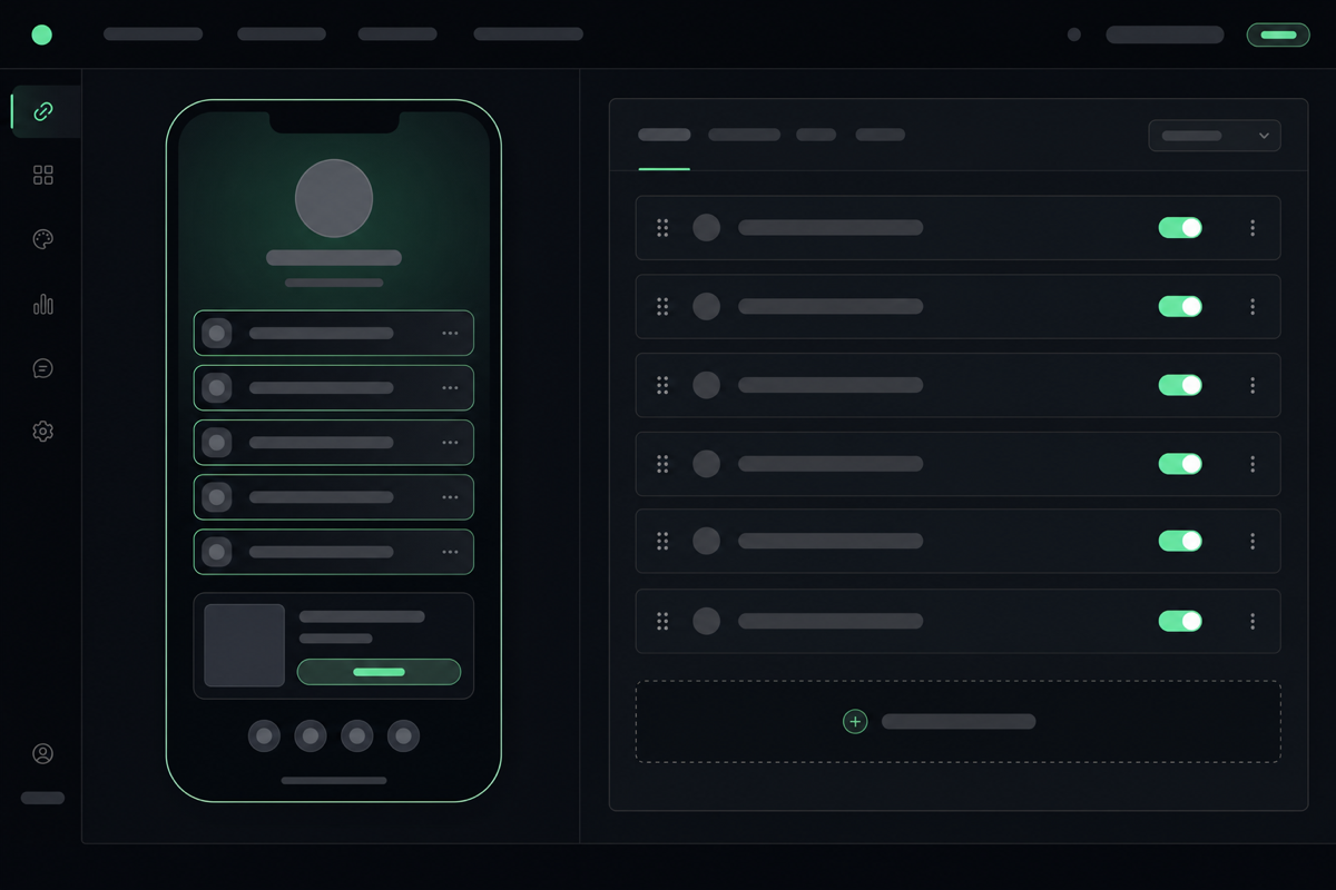 Naymo link-in-bio builder showing a phone preview with links, social icons, a video embed, and a buy button