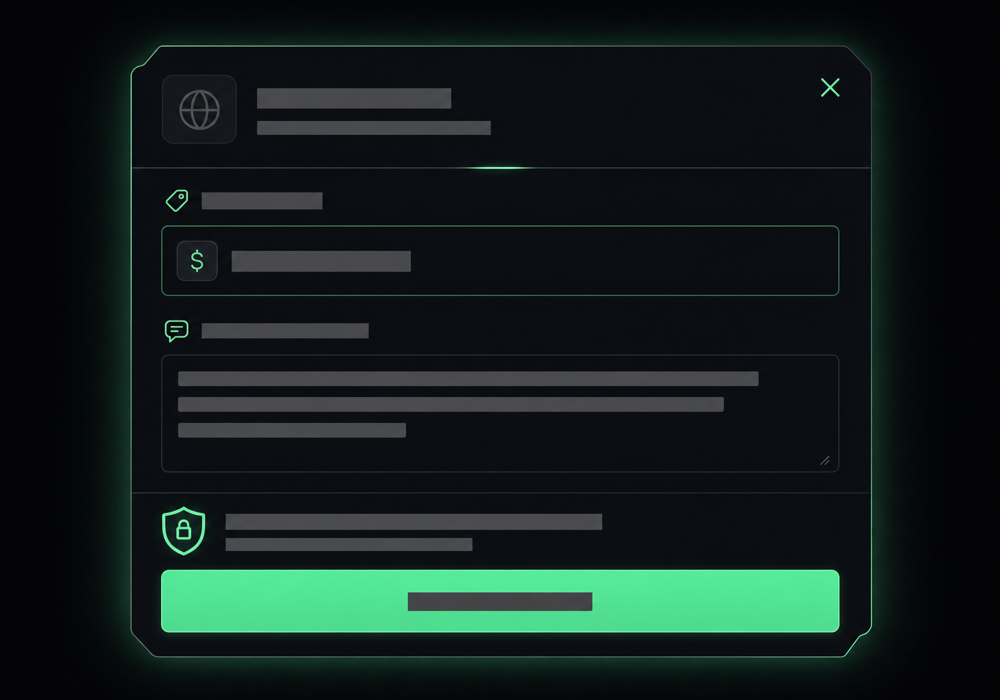Make-an-offer panel for a premium domain, with a message-to-seller box and an escrow badge