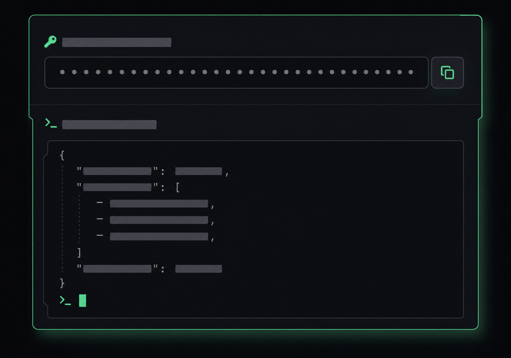 A dashboard panel showing an API key and a sample request checking several domains at once