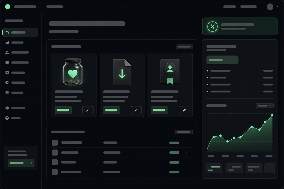 Naymo monetization setup showing products, a tip block, and a Stripe connection with a 0 percent fees badge