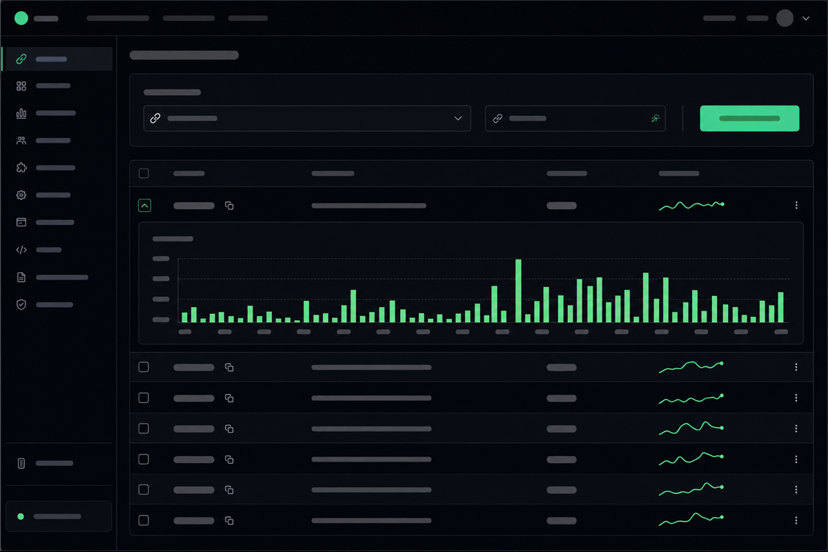 Short Links dashboard turning a long URL into a short branded link on a custom domain, with a click count