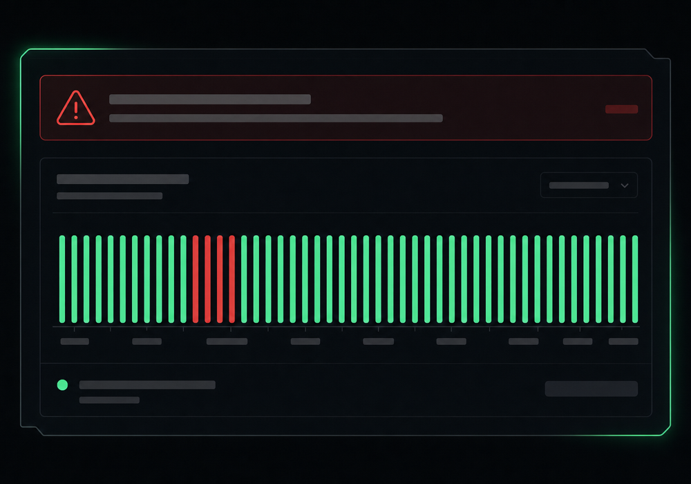 A downtime alert and an uptime history timeline showing past outages for a monitored site