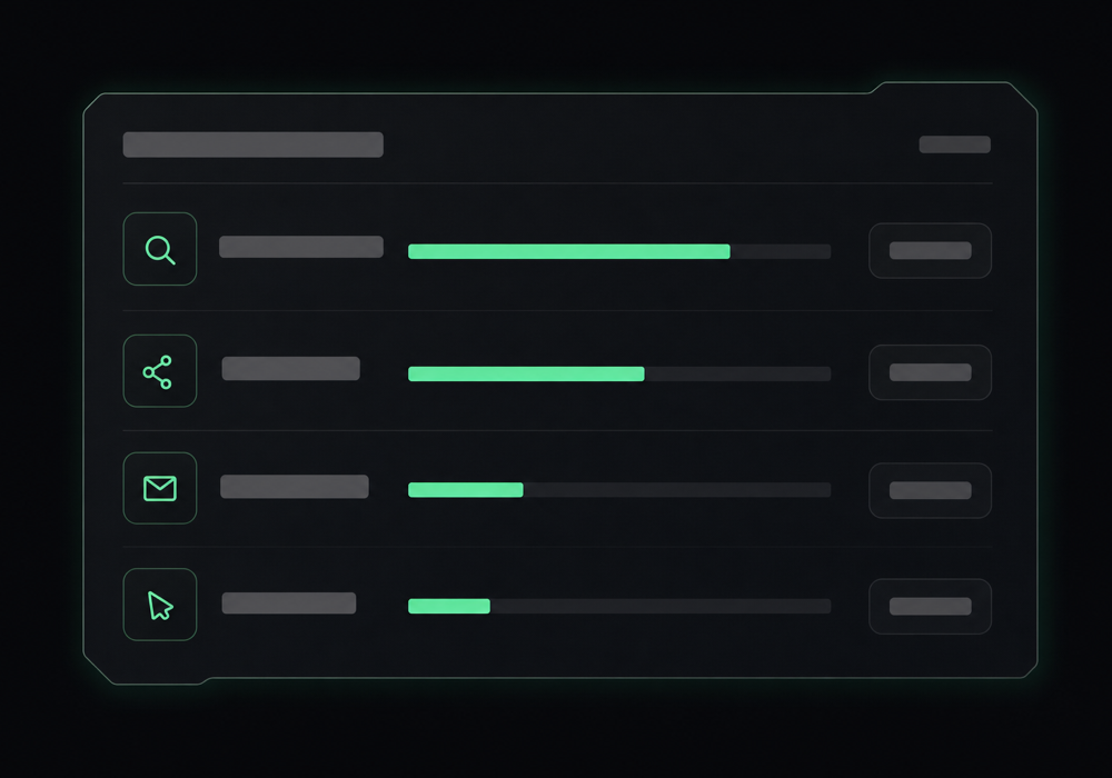 Traffic sources breakdown showing visits from search, social, and email channels