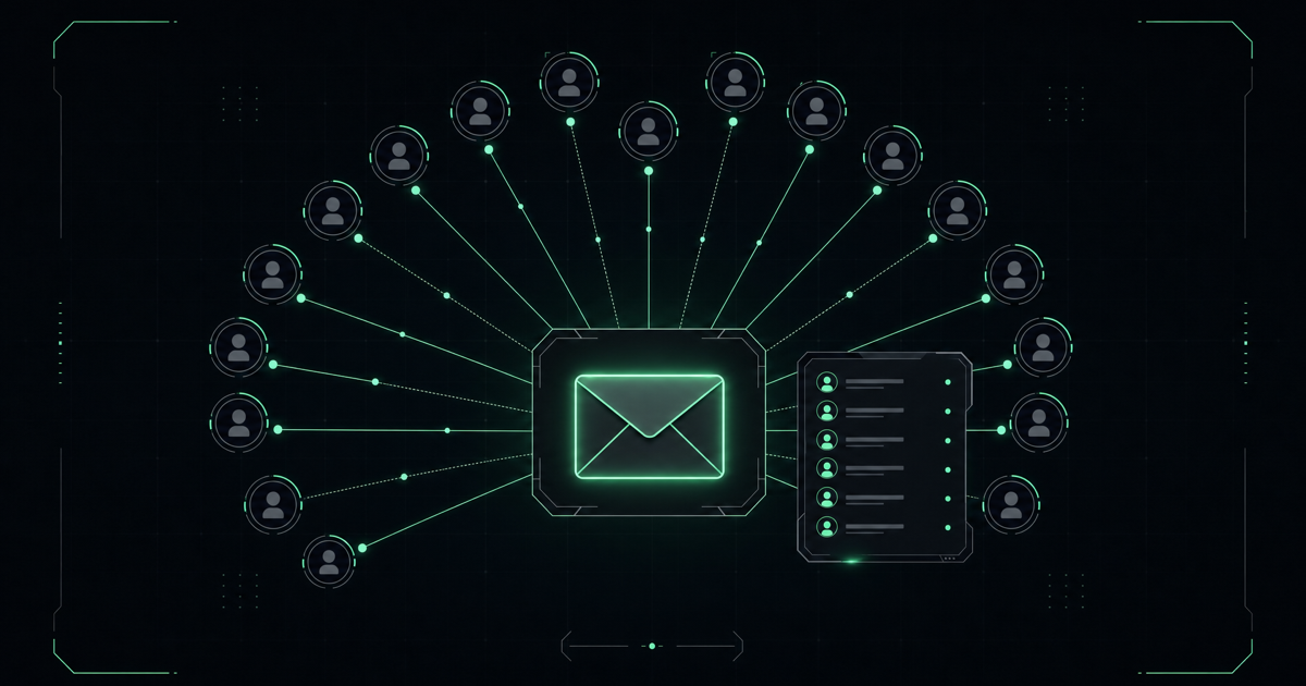 Naymo email broadcast composer sending a branded message to captured bio leads with one-click unsubscribe