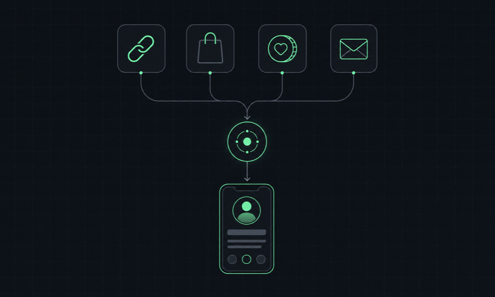 Diagram of a link-in-bio page collecting links, products, tips, and email signups behind one short URL