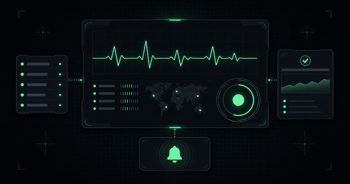 Naymo uptime monitoring dashboard with a live status pulse, an operational status indicator, a status page, and an alert bell