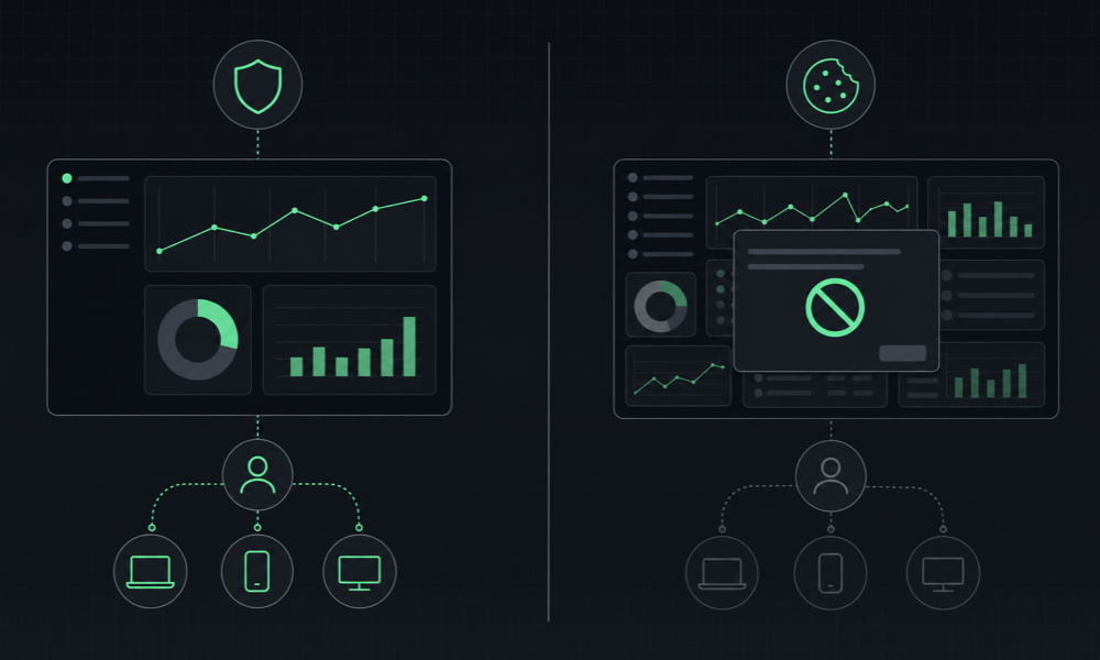 Diagram contrasting cookieless privacy-friendly analytics with cookie-based tracking that needs a consent banner